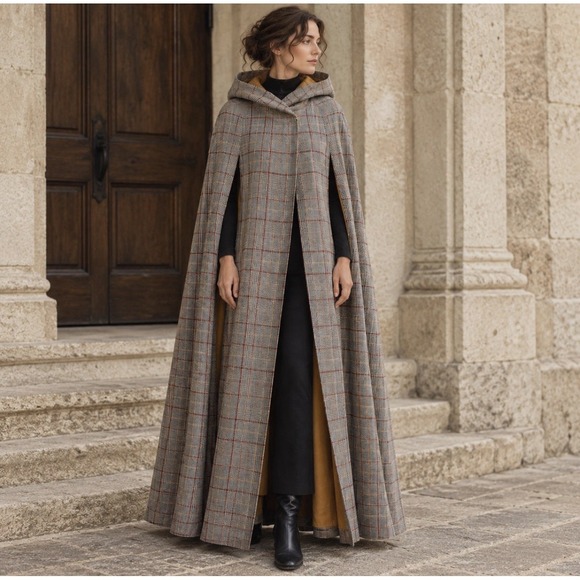 Jackets & Blazers - Vintage Hooded Maxi Cape Cloak Glen Plaid Wool Feel Full Length Lined Arm Slits